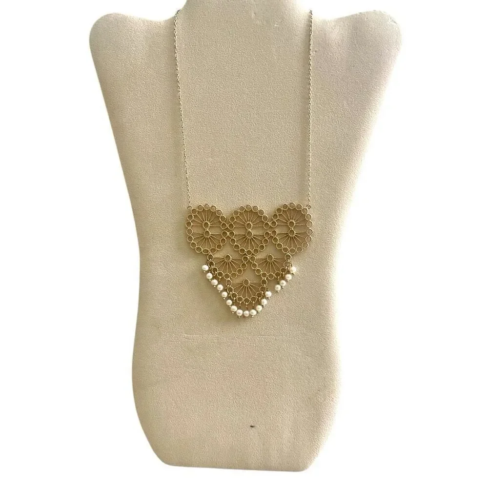 Lace Bib Necklace Floral Statement Necklace with Pearl Accents